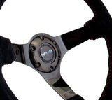 NRG Reinforced Steering Wheel (350mm / 3in. Deep) Blk Suede w/Red BBall Stitch & Black 3-Spoke NRG Steering Wheels  AXOPROS