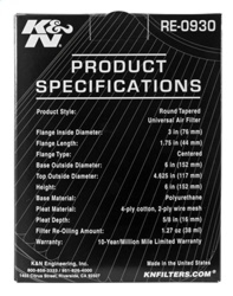 K&N Universal Rubber Filter - Round Tapered 6in Base OD x 3in Flange ID x 6in H K&N Engineering Air Filters - Universal Fit  AXOPROS