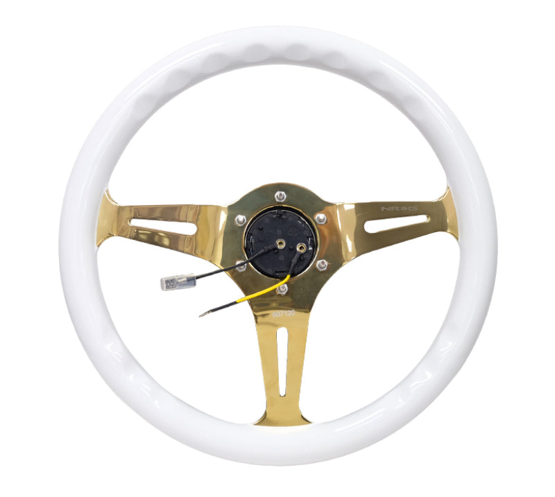 NRG Classic Wood Grain Steering Wheel (350mm) White Grip w/Chrome Gold 3-Spoke Center NRG Steering Wheels  AXOPROS