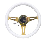 NRG Classic Wood Grain Steering Wheel (350mm) White Grip w/Chrome Gold 3-Spoke Center NRG Steering Wheels  AXOPROS