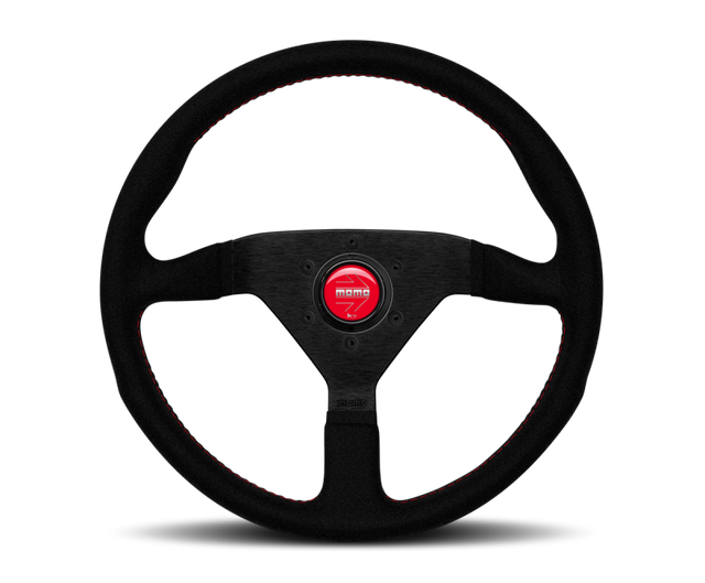 Momo Montecarlo Alcantara Steering Wheel 350 mm - Black/Red Stitch/Black Spokes MOMO Steering Wheels  AXOPROS