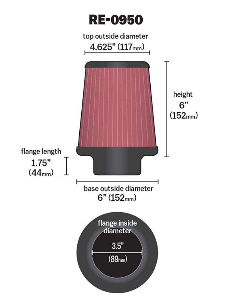 K&N Universal Rubber Filter 3 1/2inch ID FLG / 6inch Base / 4-5/8inch Top / 6inch Height K&N Engineering Air Filters - Universal Fit  AXOPROS