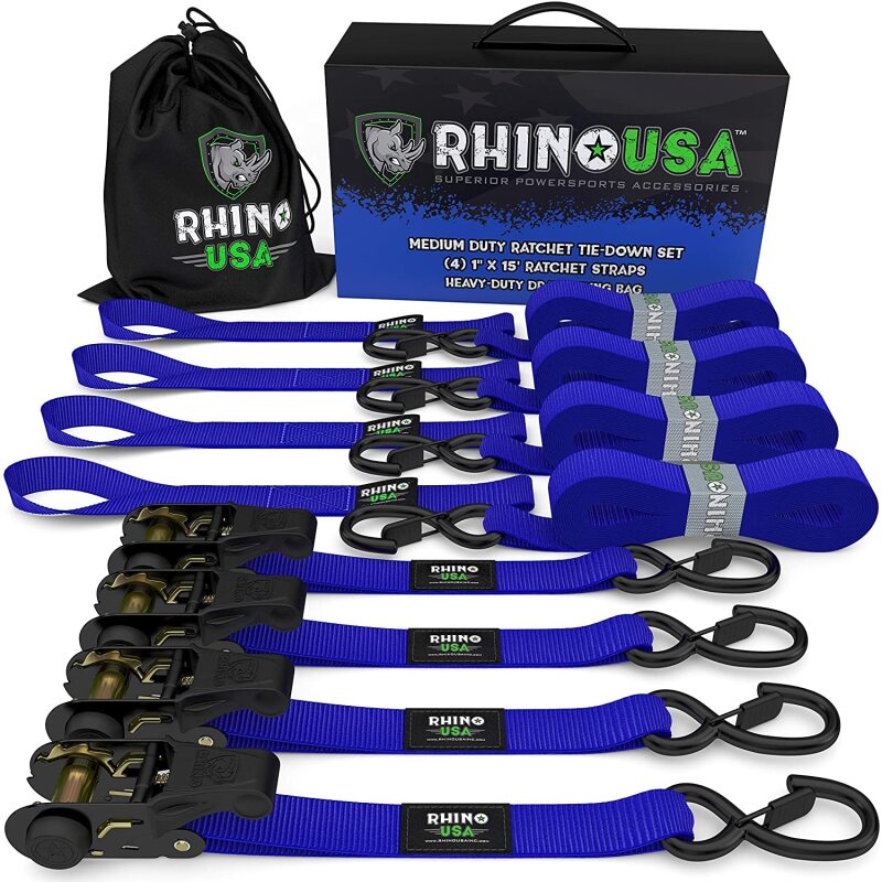 Rhino USA Medium Duty Ratchet Strap Tie-Down 4-Pack (Blue) Rhino USA Cargo Tie-Downs  AXOPROS