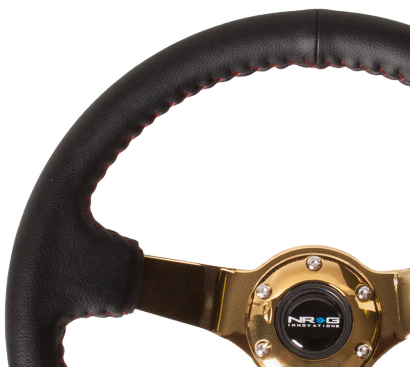 NRG Reinforced Steering Wheel (350mm / 3in. Deep) Blk Leather/Red BBall Stitch w/4mm Gold Spokes NRG Steering Wheels  AXOPROS