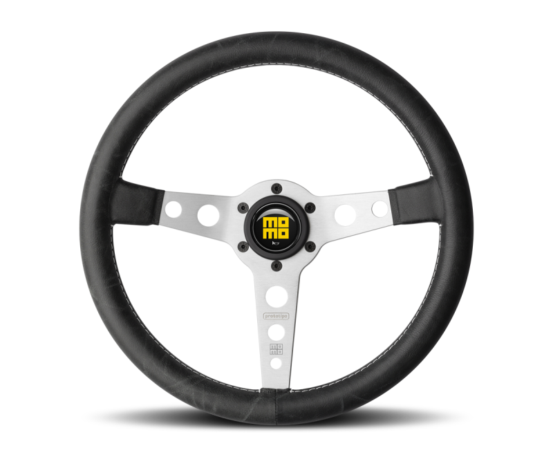 Momo Prototipo Steering Wheel 350 mm - Black Leather/White Stitch/Brshd Spokes MOMO Steering Wheels  AXOPROS