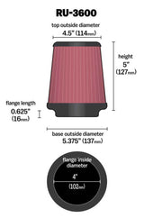 K&N Universal Air Filter 4in Flange / 5-3/8 in Base / 4-1/2in Top / 5in Height K&N Engineering Air Filters - Universal Fit  AXOPROS