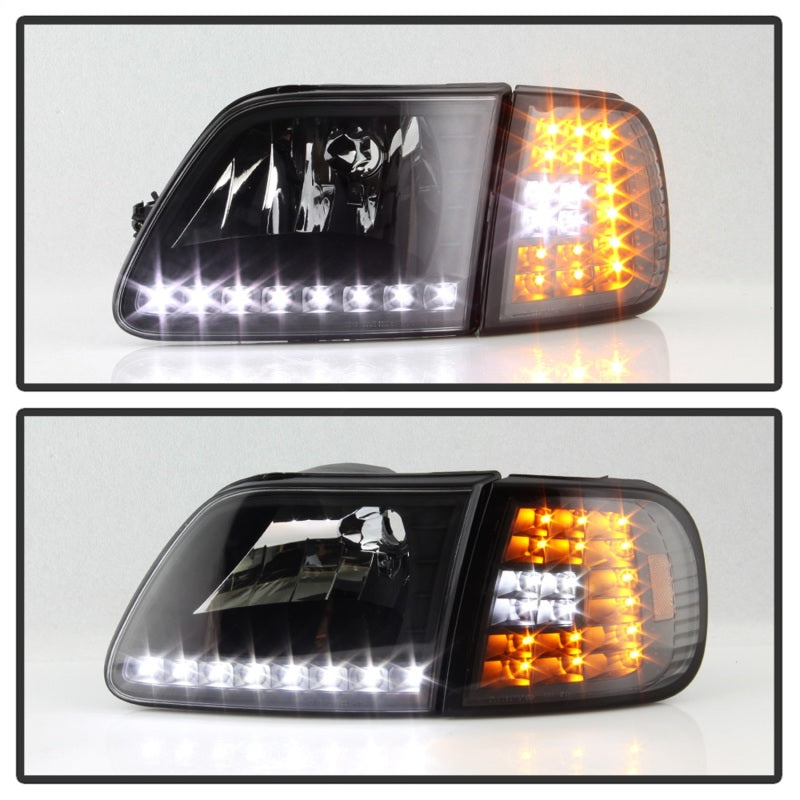 Xtune Ford F150 97-03 Crystal Headlights w/ Clear LED Corners Black HD-ON-FF15097-LED-SET-BK SPYDER Headlights  AXOPROS