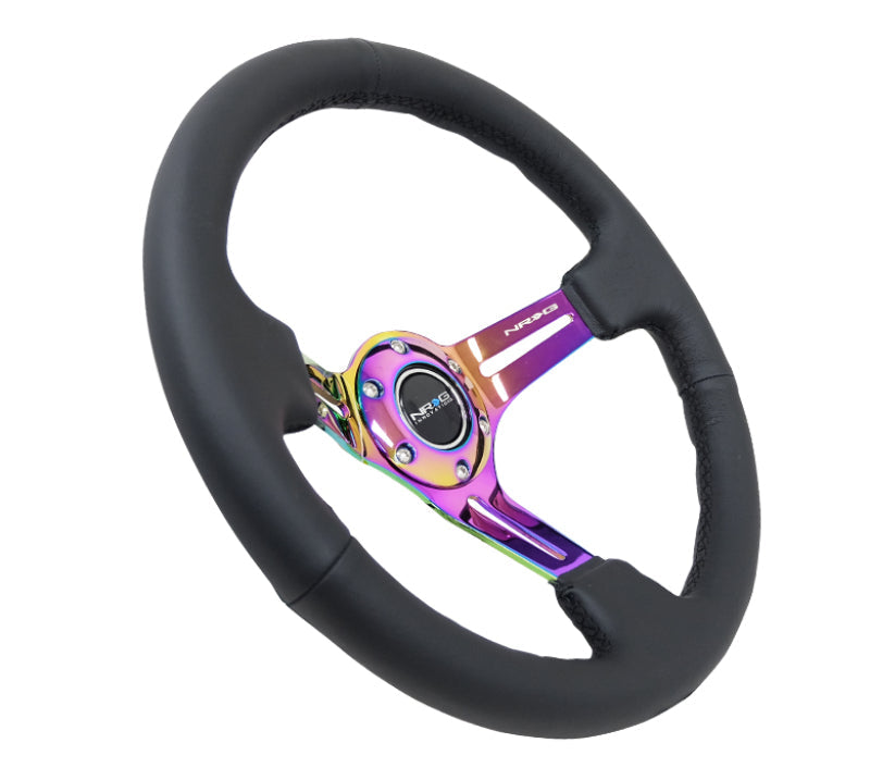 NRG Reinforced Steering Wheel (350mm / 3in. Deep) Blk Leather/Blk Stitch w/Neochrome Slits NRG Steering Wheels  AXOPROS