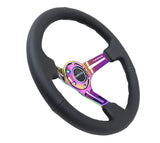 NRG Reinforced Steering Wheel (350mm / 3in. Deep) Blk Leather/Blk Stitch w/Neochrome Slits NRG Steering Wheels  AXOPROS