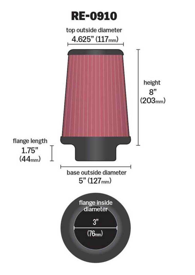 K&N Universal Rubber Filter 3inch FLG / 5inch OD-B / 4-5/8inch OD-T / 8inch H K&N Engineering Air Filters - Universal Fit  AXOPROS