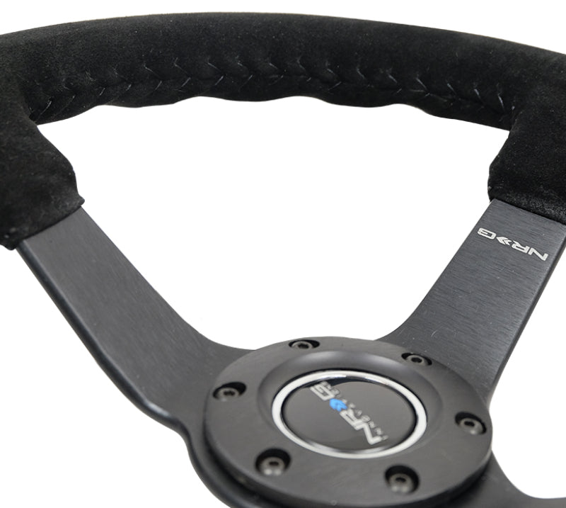 NRG Reinforced Steering Wheel (350mm / 3in. Deep) Blk Suede/Blk Bball Stitch w/5mm Matte Black Spoke NRG Steering Wheels  AXOPROS