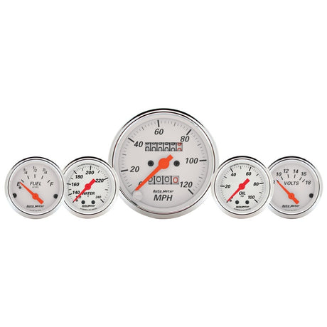 AutoMeter Gauge Kit 5 Pc. 3-1/8in. & 2-1/16in. Mech. Speedo. Wtmp & Oilp Arctic Wht AutoMeter Gauges  AXOPROS