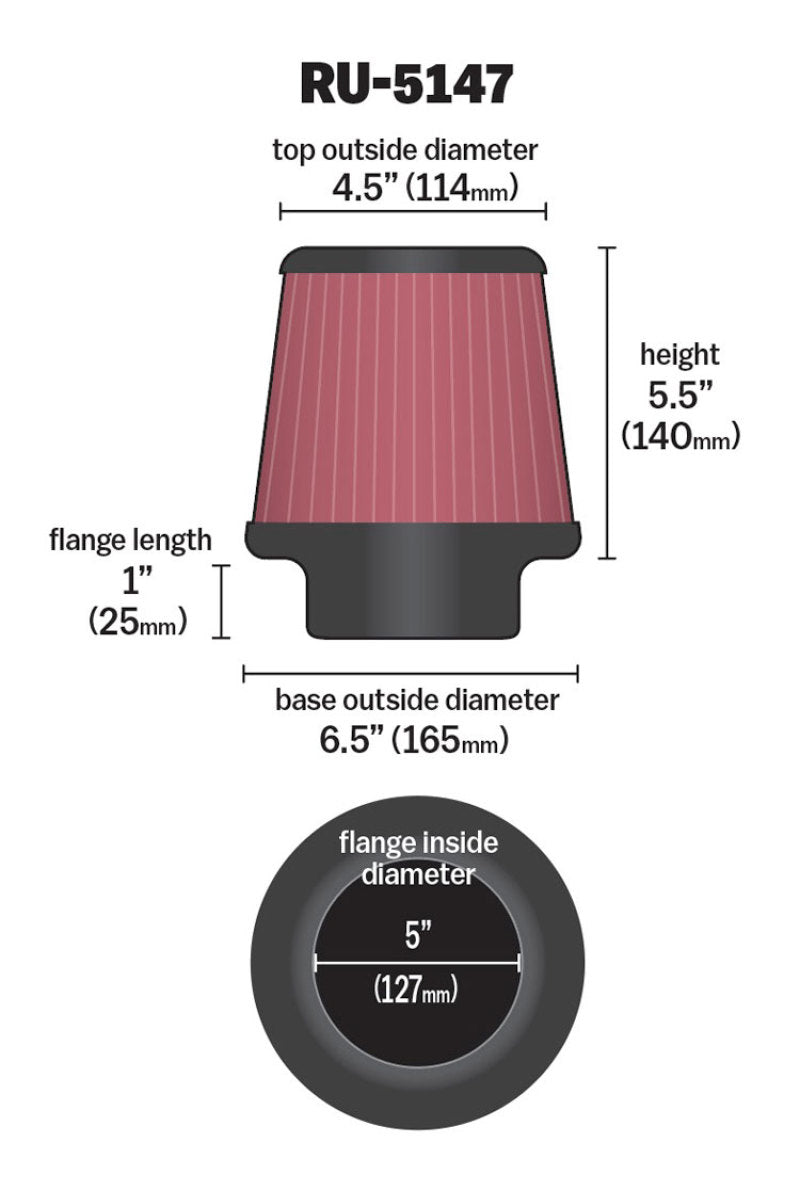 K&N Filter Universal Rubber Filter 5in Flange 6.5in Base 4.5in Top 5.5in Height K&N Engineering Air Filters - Universal Fit  AXOPROS