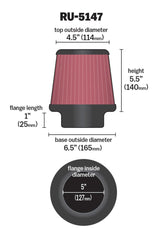 K&N Filter Universal Rubber Filter 5in Flange 6.5in Base 4.5in Top 5.5in Height K&N Engineering Air Filters - Universal Fit  AXOPROS