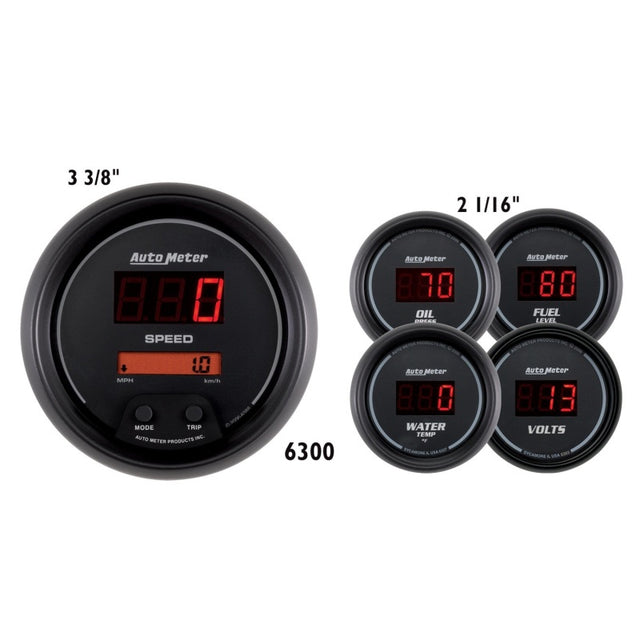 AutoMeter Gauge Kit 5 Pc. 3-3/8in. & 2-1/16in. Elec Speedo Digital Black Dial W/ Red Led AutoMeter Gauges  AXOPROS