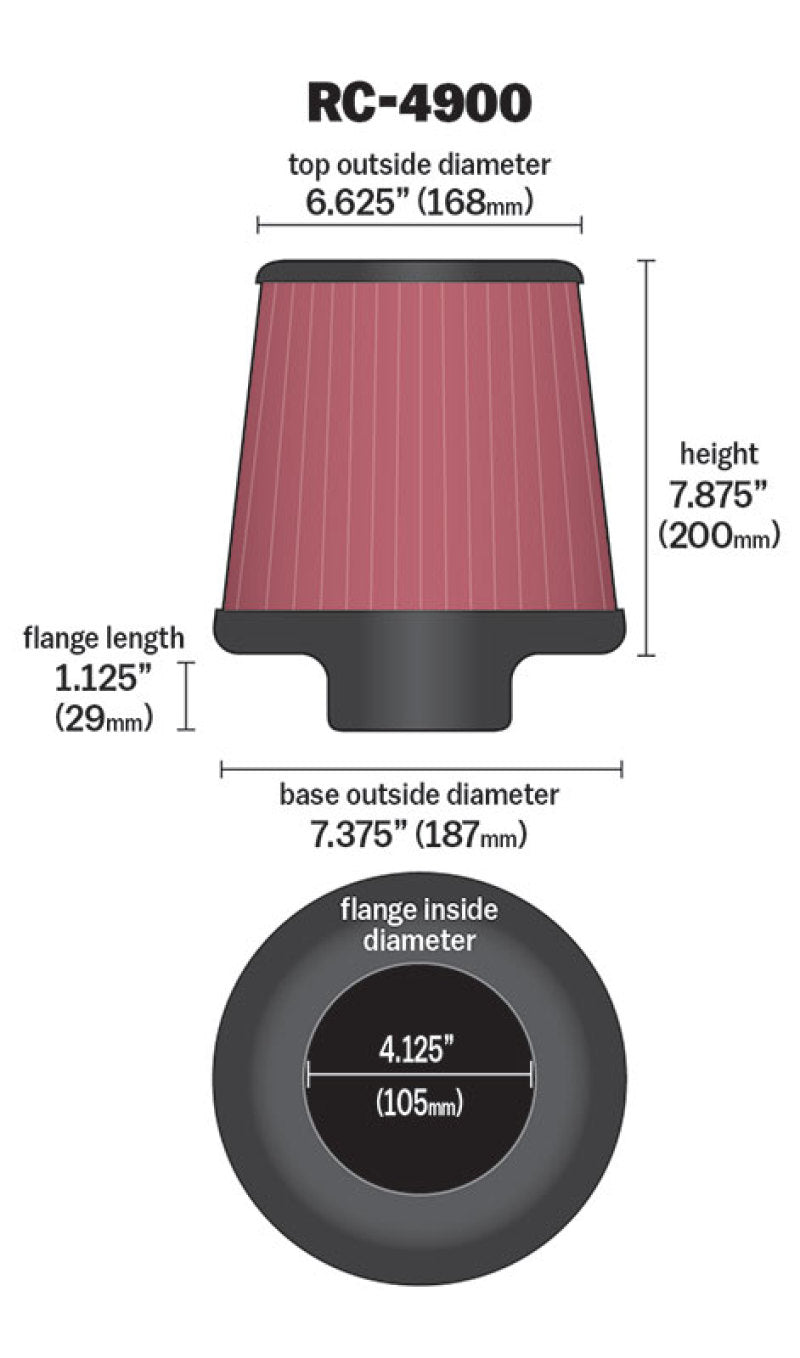 K&N Universal Air Filter Round Tapered 7.375in Base OD / 6.625in Top OD / 7.875in Height K&N Engineering Air Filters - Universal Fit  AXOPROS