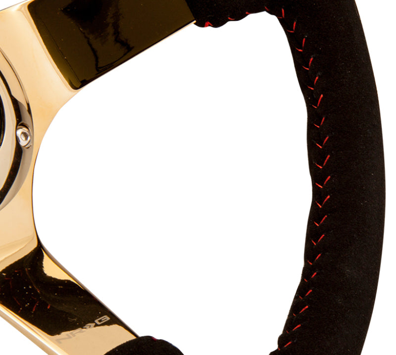 NRG Reinforced Steering Wheel (350mm / 3in. Deep) Blk Suede w/Red BBall Stitch & Chrome Gold 3-Spoke NRG Steering Wheels  AXOPROS