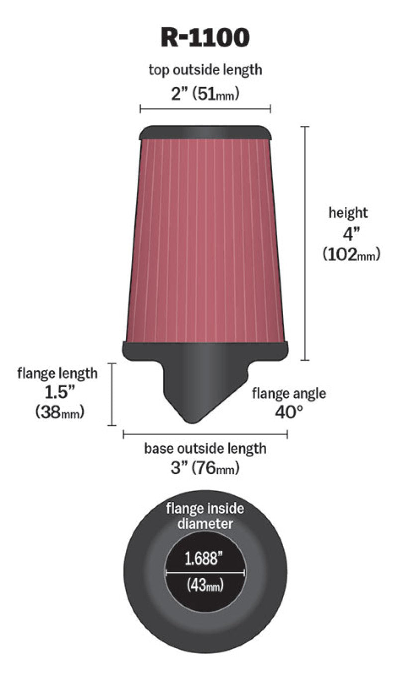 K&N Universal Rubber Filter Round Tapered 3in Base OD x 2in Top OD x 4in H - 73-78 Honda ATC90 K&N Engineering Air Filters - Universal Fit  AXOPROS