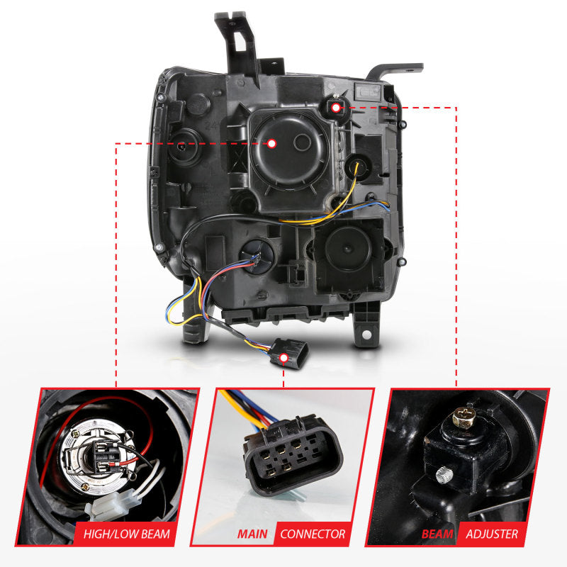 ANZO 2014-2015 GMC Sierra 1500 Projector Headlights w/ Light Bar Black Housing (Halogen Type) ANZO Headlights  AXOPROS