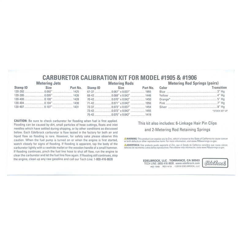 Edelbrock Calibration Kit for 1905 / 1906 Edelbrock Carburetor Rebuild Components  AXOPROS