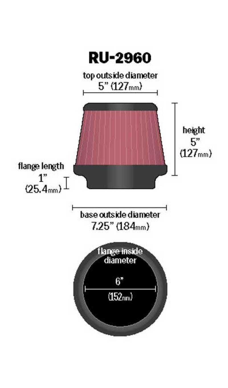 K&N Universal Tapered Filter 6in Flange ID x 7.5in Base OD x 5in Top OD x 5in Height K&N Engineering Air Filters - Universal Fit  AXOPROS