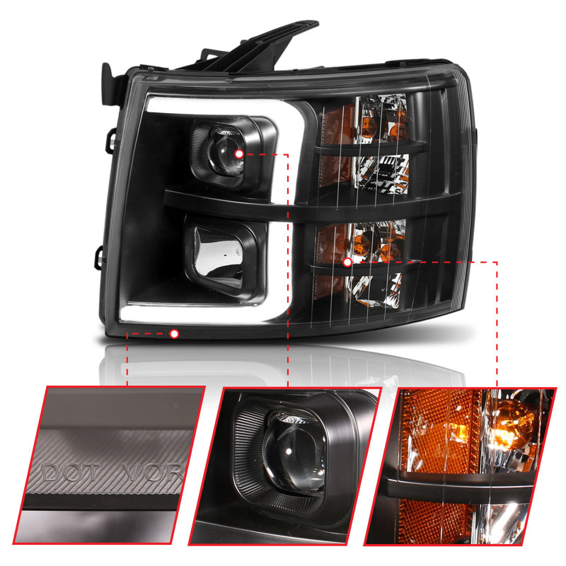 ANZO 07-13 Chevrolet Silverado 1500 Plank Style Projector Headlights Black w/ Amber ANZO Headlights  AXOPROS