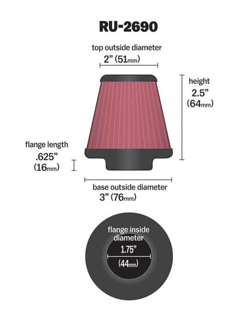 K&N Filter Universal Rubber Filter 1 3/4 inch Flange 3 inch Base 2 inch Top 2.5 inch Height K&N Engineering Air Filters - Universal Fit  AXOPROS
