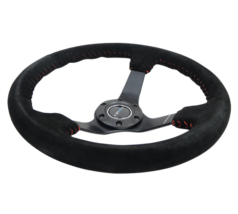 NRG Reinforced Steering Wheel (350mm / 3in. Deep) Blk Suede/Red BBall Stitch w/5mm Matte Blk Spokes NRG Steering Wheels  AXOPROS