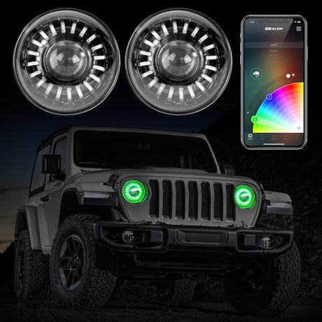 XKGLOW XK Glow 2pc 7in App Control RGB Wrangler JL Headlight Kit w/ Mounting Brackets Light Accessories and Wiring aftermarket performance part