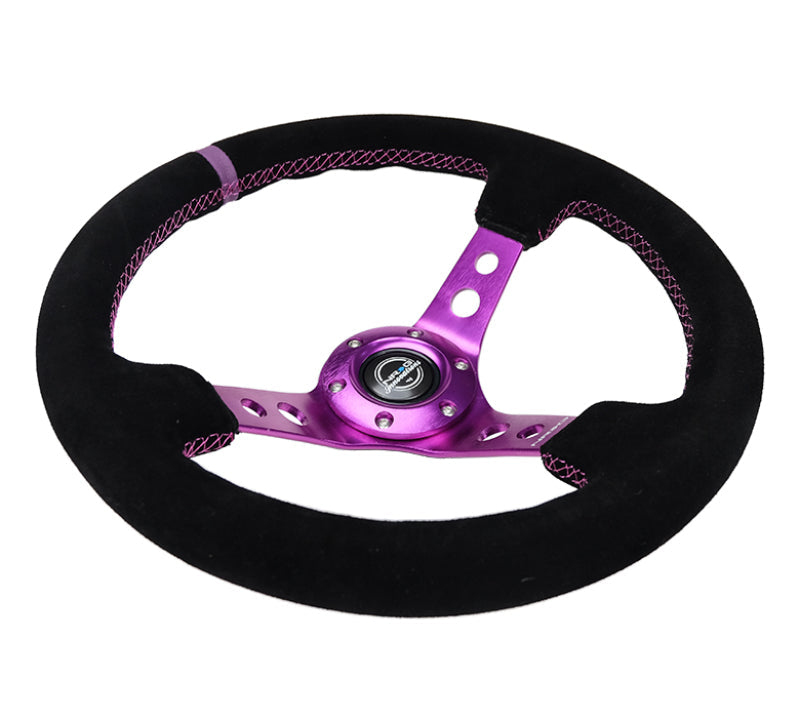 NRG Reinforced Steering Wheel (350mm / 3in. Deep) Black Suede w/Purple Center & Purple Stitching NRG Steering Wheels  AXOPROS