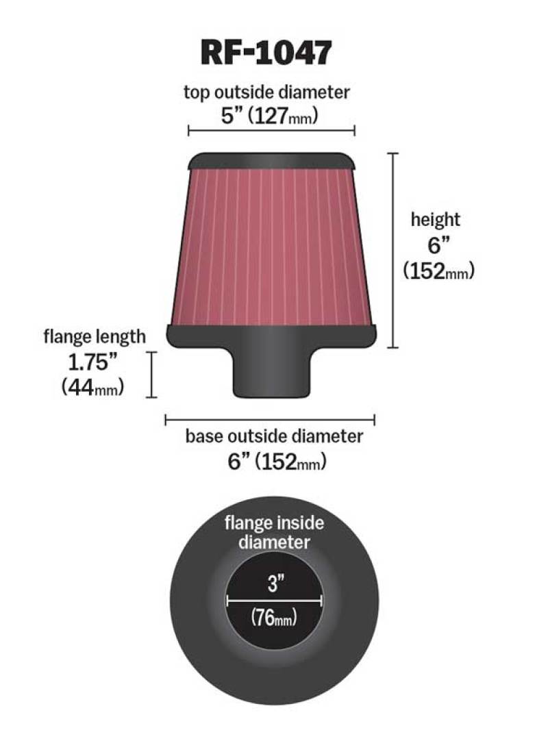 K&N Round Tapered Universal Air Filter 3 inch Flange 6 inch Base 5 inch Top 6 inch Height K&N Engineering Air Filters - Universal Fit  AXOPROS