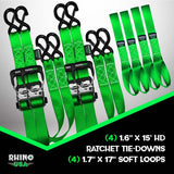 Rhino USA Heavy Duty Ratchet Tie-Down 4-Pack Green 1.6In X 15Ft Rhino USA Cargo Tie-Downs  AXOPROS