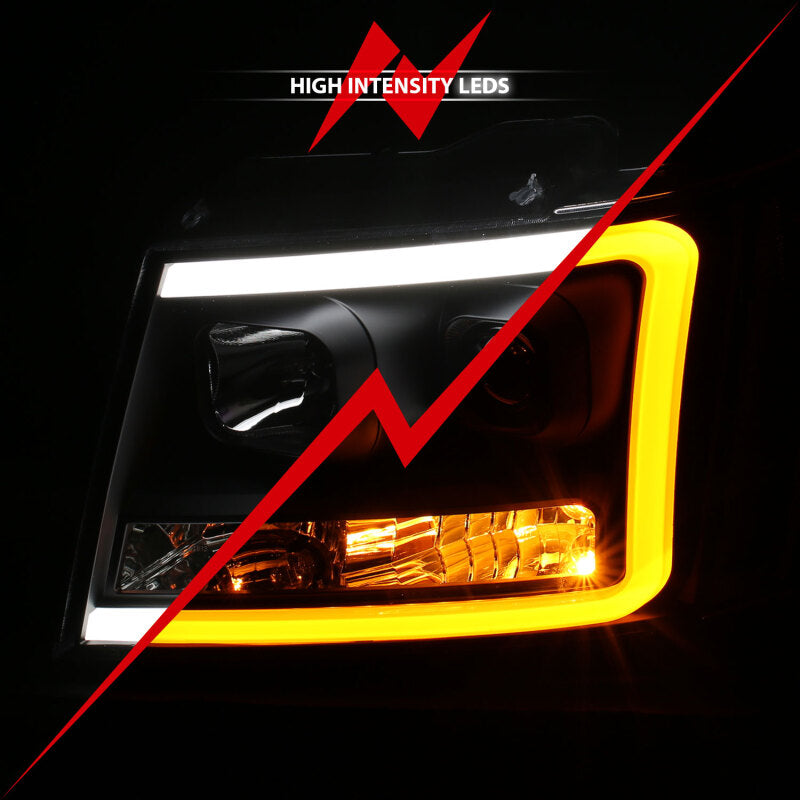ANZO 07-14 Chevy Tahoe Projector Headlights w/ Plank Style Design Black w/ Amber ANZO Headlights  AXOPROS