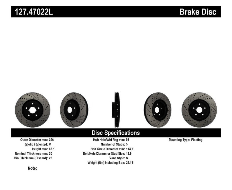 StopTech 05-10 Subaru Impreza WRX/STi Slotted & Drilled Left Front Rotor Stoptech Brake Rotors - Slot & Drilled  AXOPROS