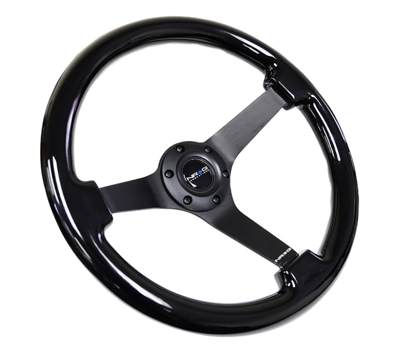 NRG Reinforced Steering Wheel (350mm / 3in. Deep) Black w/Black Chrome Solid 3-Spoke Center NRG Steering Wheels  AXOPROS
