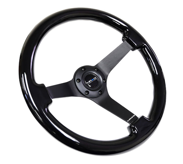 NRG Reinforced Steering Wheel (350mm / 3in. Deep) Black w/Black Chrome Solid 3-Spoke Center NRG Steering Wheels  AXOPROS