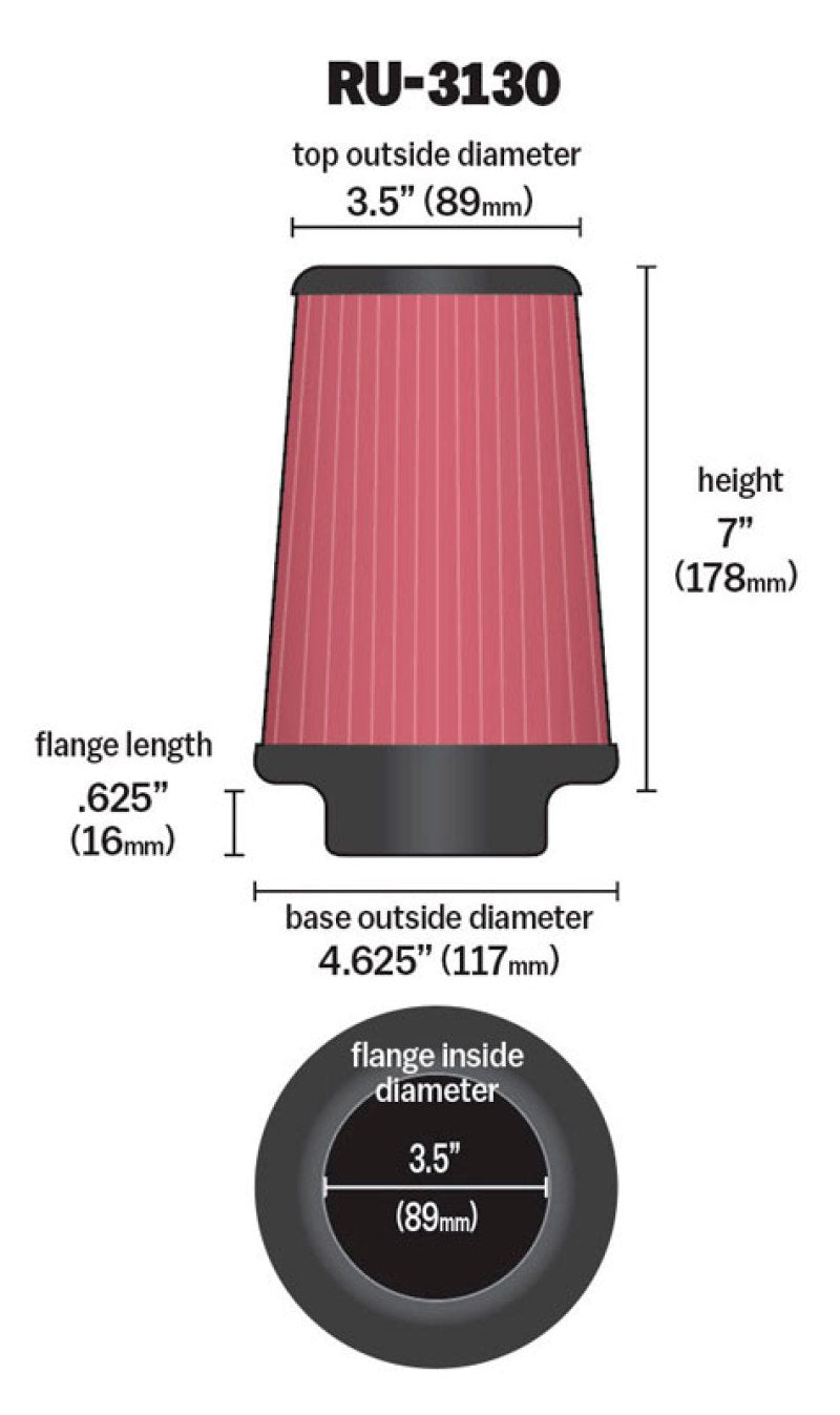 K&N Filter Universal Rubber Filter 3 1/2 inch Flange 4 5/8 inch Base 3 1/2 inch Top 7 inch Height K&N Engineering Air Filters - Universal Fit  AXOPROS
