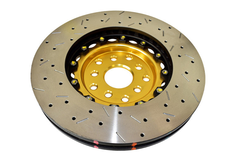 DBA 04-07 STi/2017 BRZ w/Perf. Pkg. 10 Hole Front Drilled/Slotted 5000 Series 2 Pc Rotor w/Gold Hat DBA Brake Rotors - 2 Piece  AXOPROS