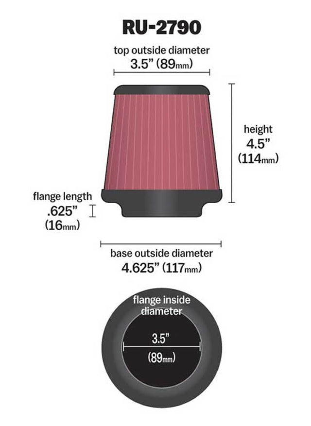 K&N Filter Universal Rubber Filter 3 1/2 inch Flange 4 5/8 inch Base 3 1/2 inch Top 4 1/2 inch Heigh K&N Engineering Air Filters - Universal Fit  AXOPROS