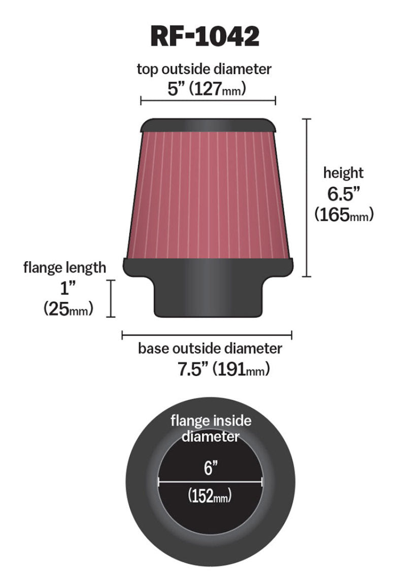 K&N Round Tapered Universal Air Filter 6in Flange ID x 7.5in Base OD x 5in Top OD x 6.5in Height K&N Engineering Air Filters - Universal Fit  AXOPROS