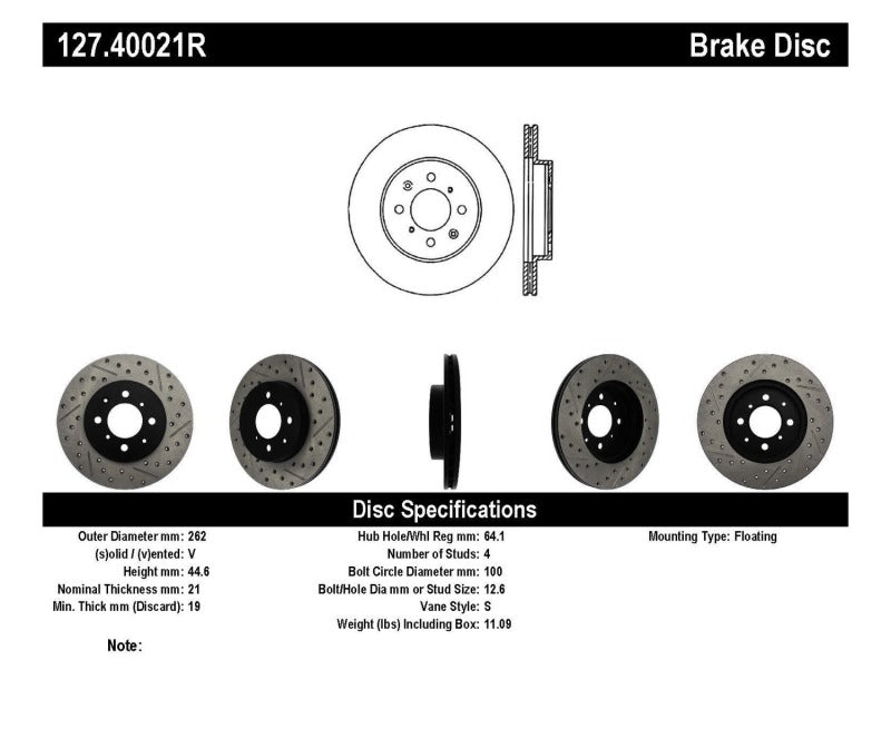 StopTech 90-01 Acura Integra (exc. Type R) / 01-05 Honda Civic / 07+ Honda Fit / 93-97 Del Sol VTEC Stoptech Brake Rotors - Slot & Drilled  AXOPROS