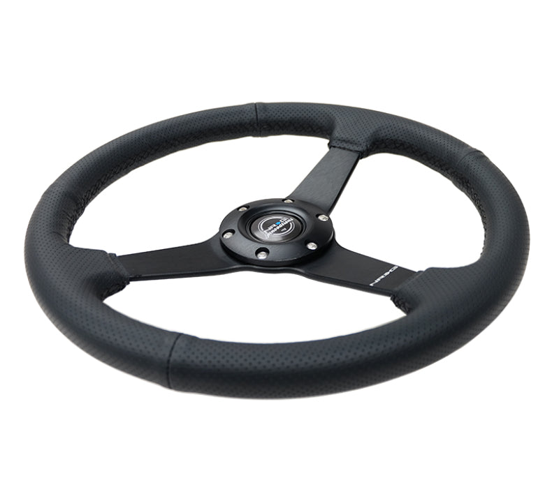 NRG Sport Steering Wheel (350mm / 1.5in Deep) Black Leather Black Stitch w/Matte Black Solid Spokes NRG Steering Wheels  AXOPROS