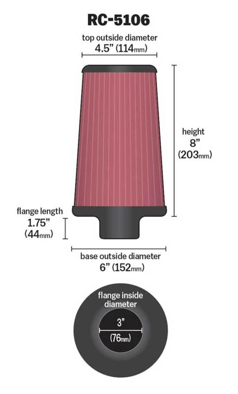 K&N Universal ChromeRound Tapered Air Filter 3in Flange ID / 6in Base OD / 4.5in Top OD / 8in Height K&N Engineering Air Filters - Universal Fit  AXOPROS
