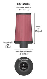 K&N Universal ChromeRound Tapered Air Filter 3in Flange ID / 6in Base OD / 4.5in Top OD / 8in Height K&N Engineering Air Filters - Universal Fit  AXOPROS