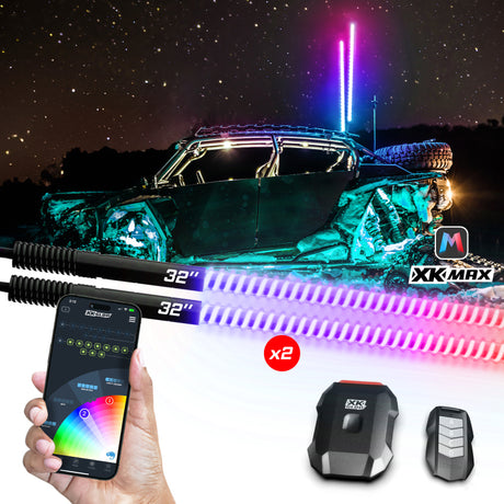 XKGLOW XK Glow 2x32 XKmax RGBW Advanced App Control LED Whip Light Kit for 4x4 Offroad UTV ATV Light Accessories and Wiring aftermarket performance part