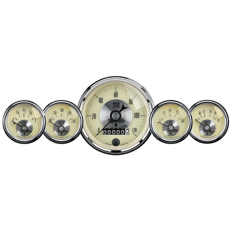 AutoMeter Gauge Kit 5 Pc 3-3/8in. & 2-1/16in. Elec Speedo W/Wheel Odo Prestige Antq. Ivory AutoMeter Gauges  AXOPROS