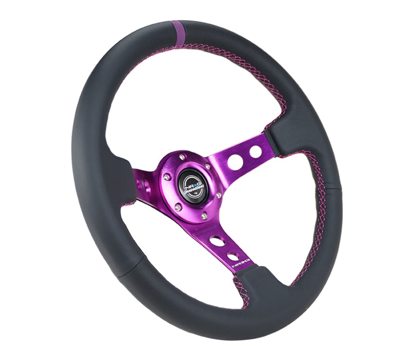 NRG Reinforced Steering Wheel (350mm / 3in. Deep) Black Leather w/Purple Center & Purple Stitching NRG Steering Wheels  AXOPROS