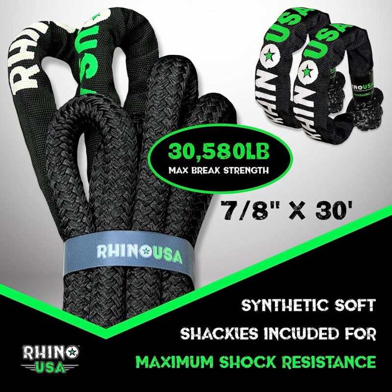 Rhino USA 7/8In X 30Ft Kinetic Rope Recovery Kit W/Soft Shackles (Black) Rhino USA Cargo Tie-Downs  AXOPROS