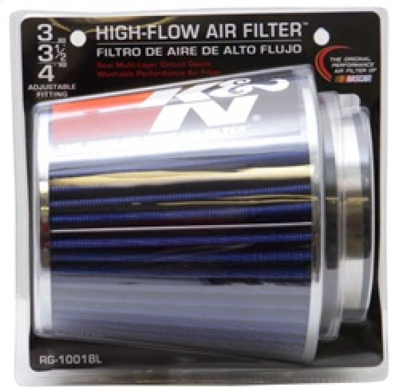 K&N Universal Air Filter Chrome Round Tapered Blue - 4in Flange ID x 1.125in Flange Length x 5.5in H K&N Engineering Air Filters - Universal Fit  AXOPROS