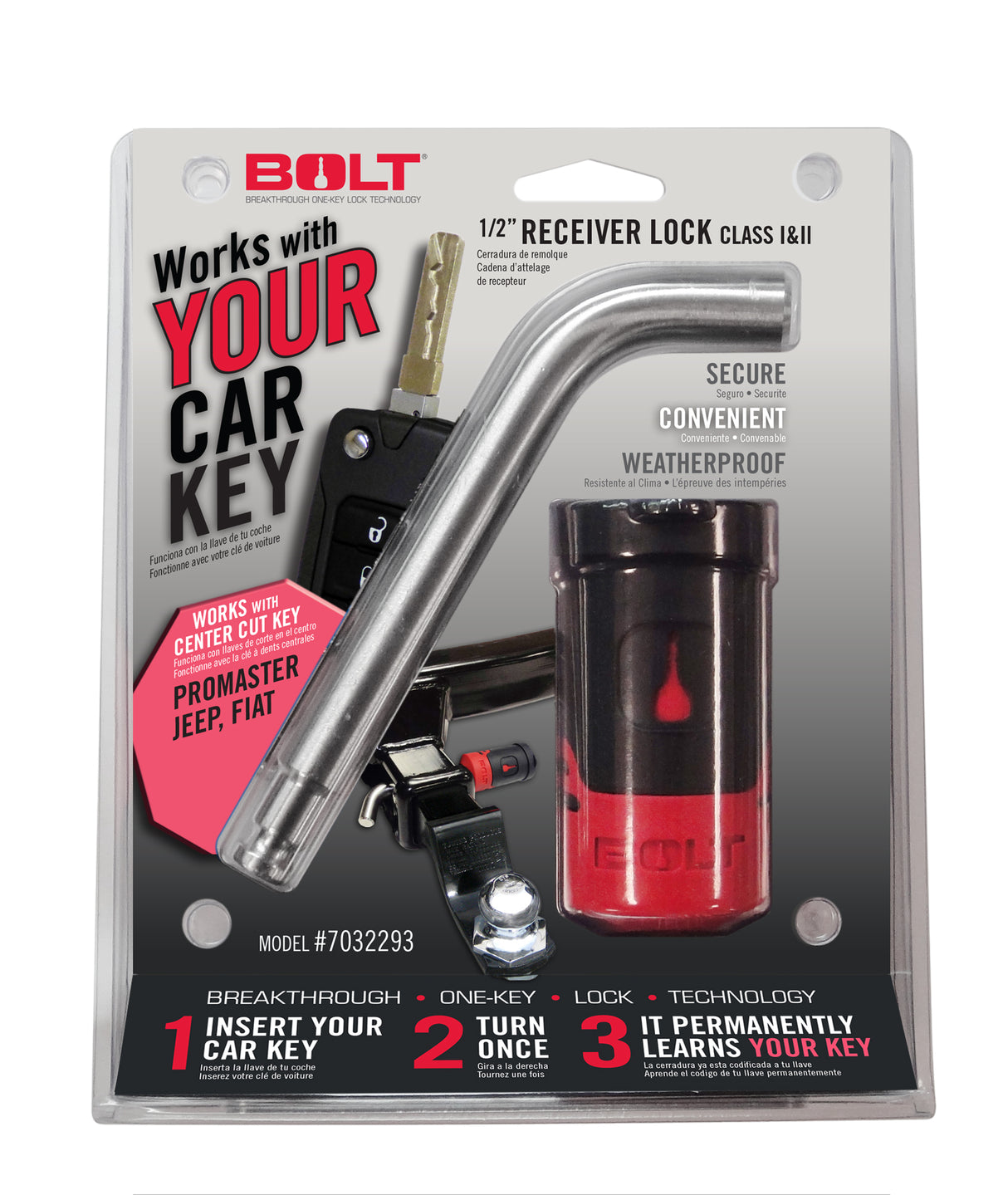 BOLT 1/2 In. Receiver Lock Jeep Center Cut BOLT Trailer Hitch Lock  AXOPROS